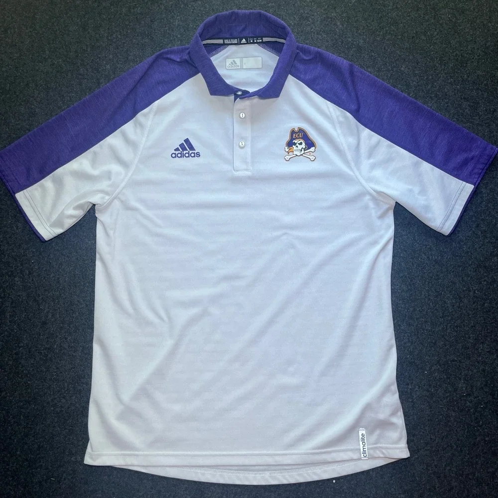 Adidas‎ Polo Shirt Mens Medium White Purple ECU Pirates Climalite Golf